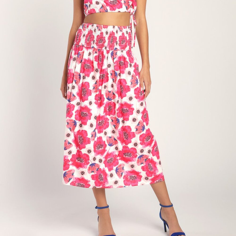 COPY - Perfectly Peppy Ivory Floral Print Midi Skirt